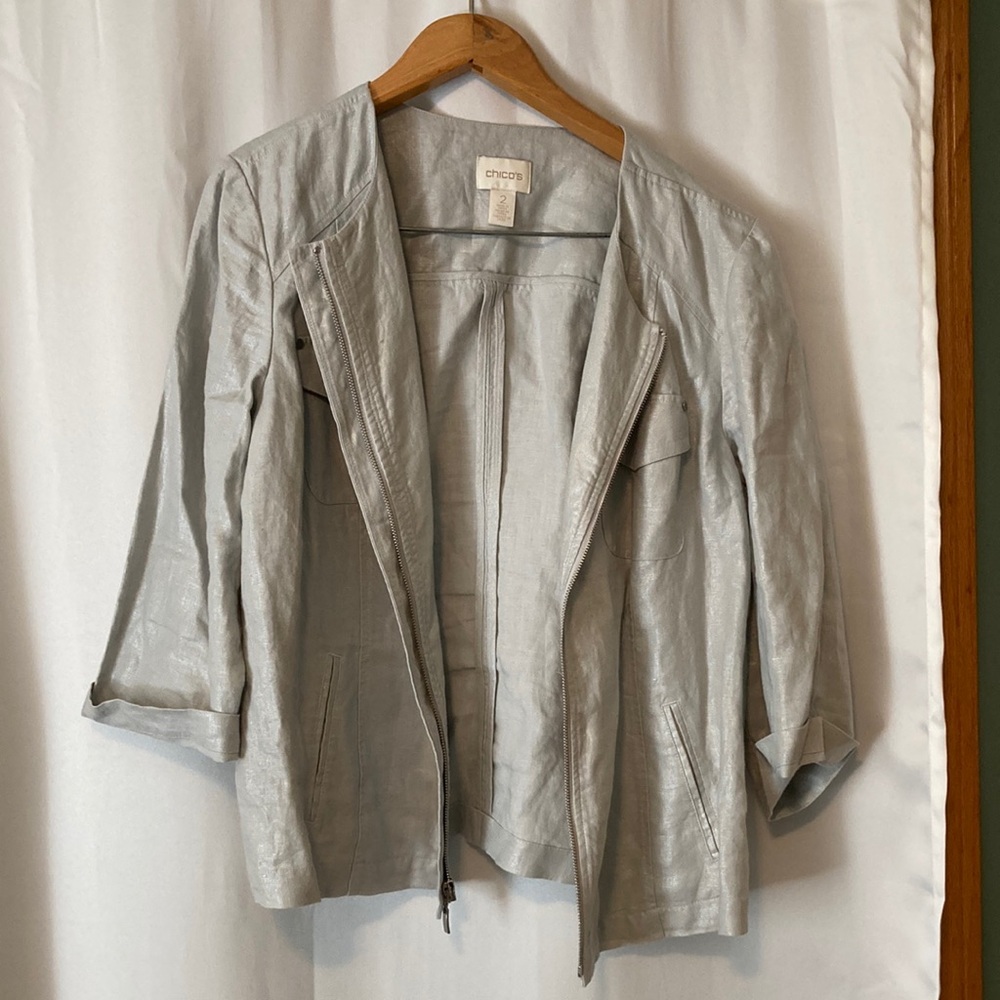 Chico's Silver-Light Gray Open-Front Leather Jacket